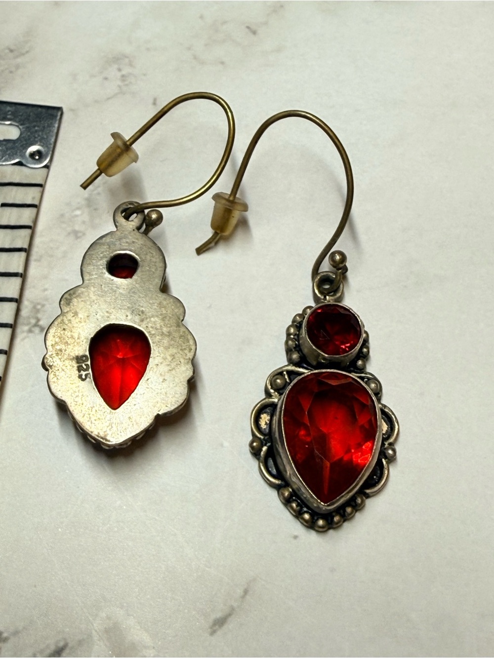 Sterling Silver Red garnet Teardrop Dangle Earrings